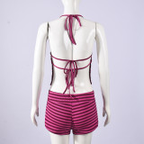 Stripe Backless Halterneck Two Piece Shorts Set GNZD-32802SBY