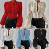Plus Size Lace Patchwork Lantern Sleeve Shirt GLXY-24-2358