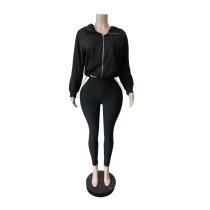 Zipper Hooded Solid Color Coat Two Piece Pants Set GFCF-1605