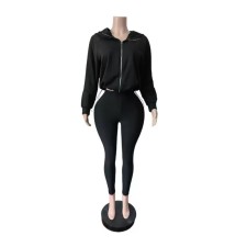Zipper Hooded Solid Color Coat Two Piece Pants Set GFCF-1605