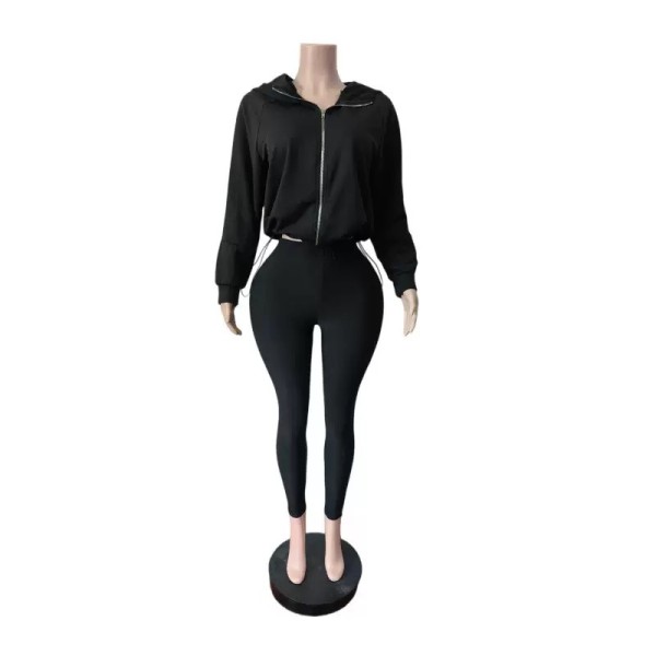 Zipper Hooded Solid Color Coat Two Piece Pants Set GFCF-1605