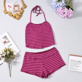 Stripe Backless Halterneck Two Piece Shorts Set GNZD-32802SBY