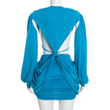 Solid Color Long Sleeve Ruched Mini Dress GSZM-C26DS396
