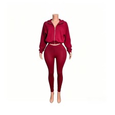 Zipper Hooded Solid Color Coat Two Piece Pants Set GFCF-1605