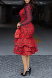 Plus Size Long Sleeve Printed Mesh Patchwork Midi Dress GLXY-23-1120