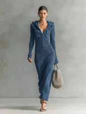 Long Sleeve Hooded Knits Maxi Dress GMYS-XY6037