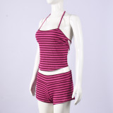 Stripe Backless Halterneck Two Piece Shorts Set GNZD-32802SBY