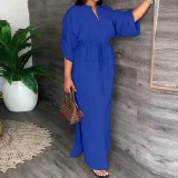 Plus Size Solid Color Bat Sleeve Split Maxi Dress GHMF-8849