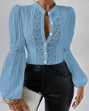 Plus Size Lace Patchwork Lantern Sleeve Shirt GLXY-24-2358