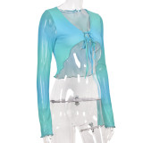 Contrast Color Mesh Tie Up Tops GNZD-XF5342