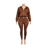 Zipper Hooded Solid Color Coat Two Piece Pants Set GFCF-1605