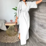 Plus Size Solid Color Bat Sleeve Split Maxi Dress GHMF-8849