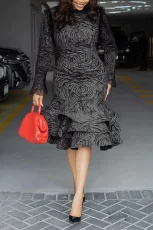 Plus Size Long Sleeve Printed Mesh Patchwork Midi Dress GLXY-23-1120