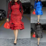 Plus Size Long Sleeve Printed Mesh Patchwork Midi Dress GLXY-23-1120