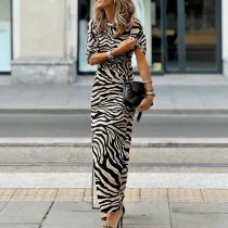 Zebra Stripe Long Sleeve Split Maxi Dress GNZD-60379DBZ