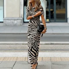 Zebra Stripe Long Sleeve Split Maxi Dress GNZD-60379DBZ