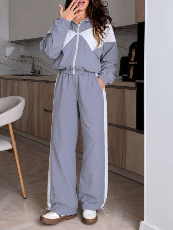 Color Block Sports Zipper Coat 2 Piece Pants Set HNIF-SR015