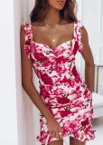 Printed V Neck Ruffles Sling Mini Dress GMYS-LWZ0071