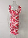 Printed V Neck Ruffles Sling Mini Dress GMYS-LWZ0071