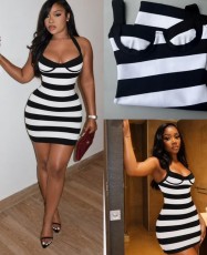 Black White Stripe Halterneck Mini Dress GKYS-3087-1