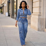 Long Sleeve Washed Denim Two Piece Pants Set CM-61023