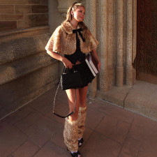 Short Fur Printed Laced Shawl Top +Leg Socks Set ﻿ GZJQ-K6S20186A