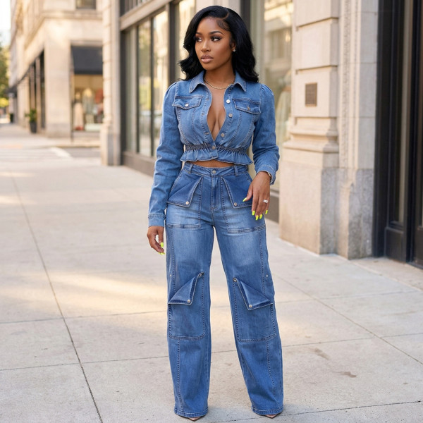 Long Sleeve Washed Denim Two Piece Pants Set CM-61023