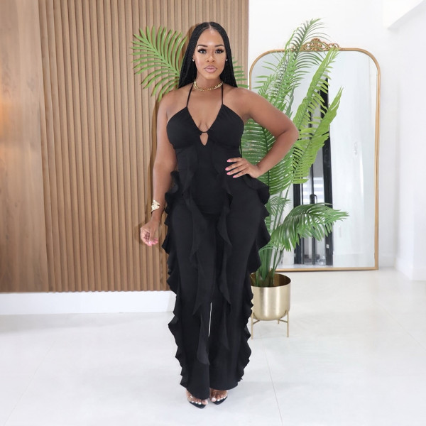 V Neck Solid Color Halterneck Jumpsuit CYA-902559