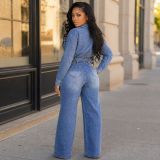 Long Sleeve Washed Denim Two Piece Pants Set CM-61023