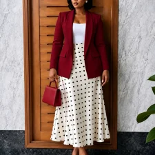 Plus Size Solid Color Blazer Coat+Polka Dot Long Skirt Suit GCZF-8680
