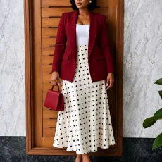 Plus Size Solid Color Blazer Coat+Polka Dot Long Skirt Suit GCZF-8680
