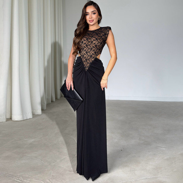 Lace Patchwork Ruched Sleeveless Maxi Dress XEF-K6D20631A