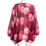 Printed V Neck Lantern Sleeve Top GDSF-Q26TP232
