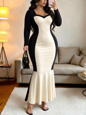 Plus Size Contrast Color Long Sleeve Maxi Dress GAWE-6805