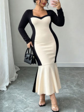 Plus Size Contrast Color Long Sleeve Maxi Dress GAWE-6805