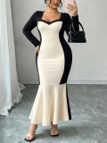 Plus Size Contrast Color Long Sleeve Maxi Dress GAWE-6805