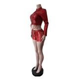 PU Leather Tie Up Two Piece Shorts Set MEM-88727