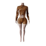 PU Leather Tie Up Two Piece Shorts Set MEM-88727
