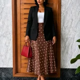 Plus Size Solid Color Blazer Coat+Polka Dot Long Skirt Suit GCZF-8680