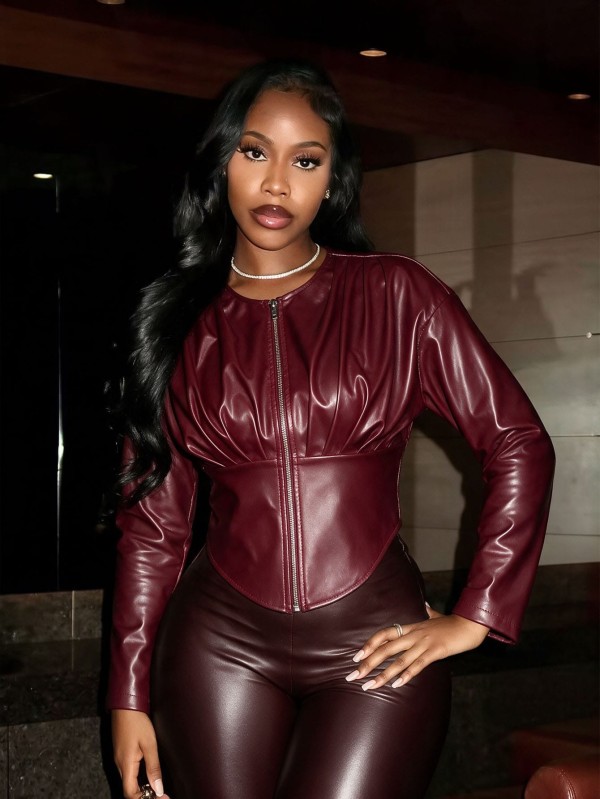 Leather Zipper Ruched Coats GHYX-TXY5542