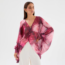 Printed V Neck Lantern Sleeve Top GDSF-Q26TP232