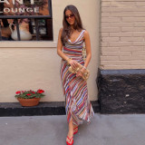 Colorful Stripe Printed V Neck Maxi Dress GAXB-D654DS