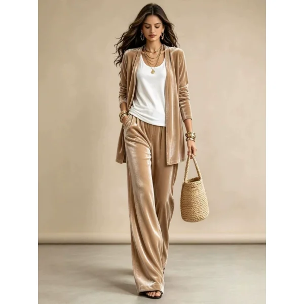 Solid Color Long Sleeve Cardigan Two Piece Pants Set GQLK-66023