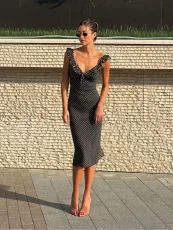 Deep V Neck Polka Dots Printed Midi Dress GAXB-D675DS