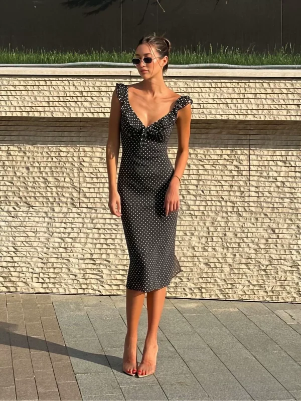 Deep V Neck Polka Dots Printed Midi Dress GAXB-D675DS