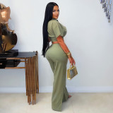 Solid Color Short Sleeve Two Piece Pants Set BY-7835