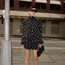 Polka Dot Printed Long Sleeve Mini Dress GAXB-A757DS