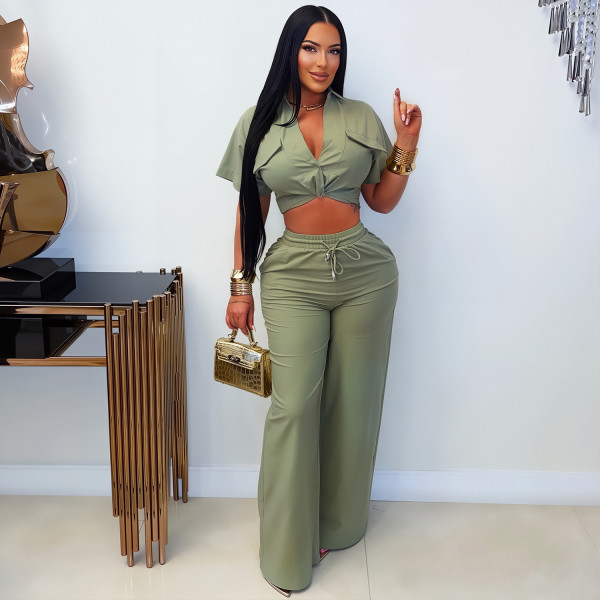 Solid Color Short Sleeve Two Piece Pants Set BY-7835