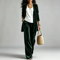 Solid Color Long Sleeve Cardigan Two Piece Pants Set GQLK-66023