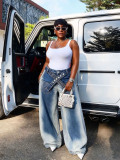 Plus Size Irregular Belt Embroidered Pocket Jeans ﻿ GYLN-1010
